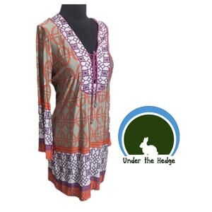 Analili Multi Geometric Bell Sleeve Slinky Short Shift Dress Size Medium N1 Boho